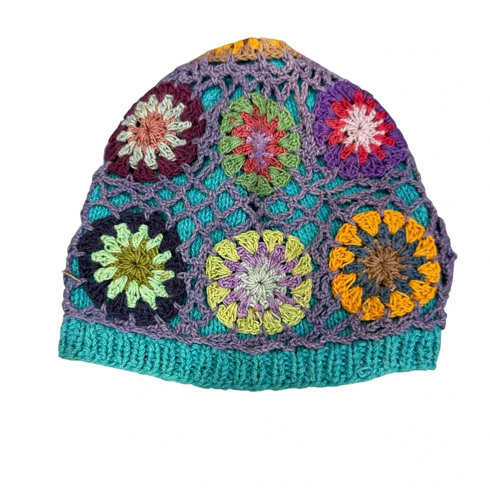 Crochet Beanie Unisex OS Multicolor Excellent Boho Granny Square Nepal